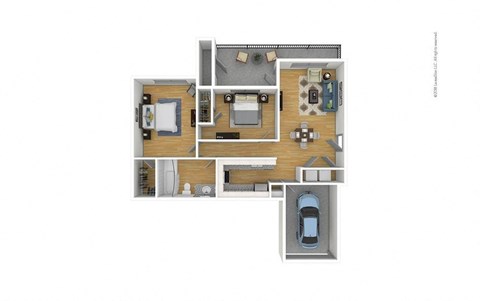 Floor plan for 2 beds, 1 bath, 859 sqft